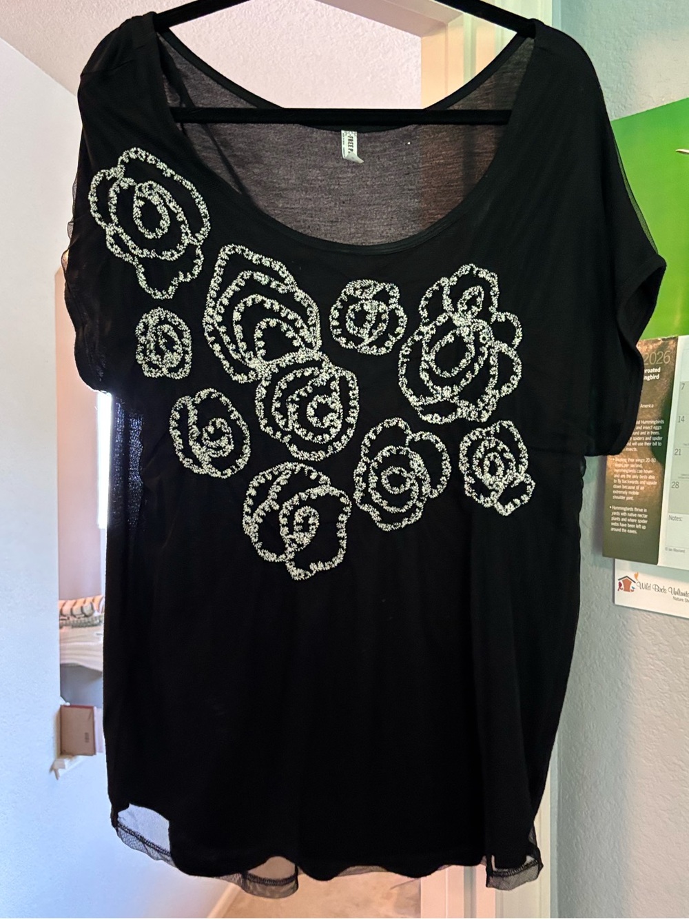 FREE PEOPLE Black Short Sleeve Scoop Neck Top, Floral beading, small flaws pics